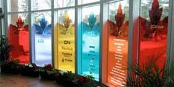 colorful transparent film applied to a glass in a museum for creativity and décor