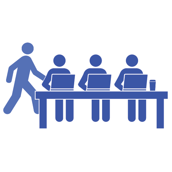 Illustration of a visual hacker walking behind three people on laptops at a table