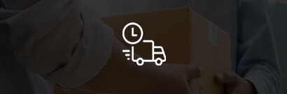 image of truck with clock icon over semi transparent black background showing a box being handed from one person to another
