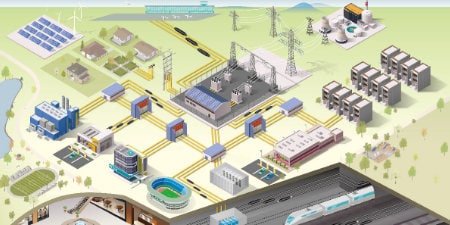 Diagram overview of utility applications such as power plant, substation, wind and solar farms.
