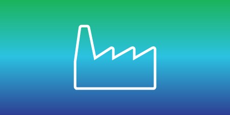 Icon of a factory, highlighting changes in manufacturing processes to minimize environmental impact.
