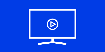 Blue background with reversed monitor icon with play button on screen
