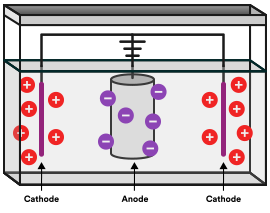 Graphic image of an anode and two cathodes immersed in liquid and showing electrical charges 