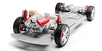 Automotive powertrain diagram with tires and frame
