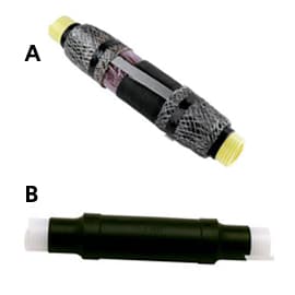 Photo of 2 3M medium voltage splices marked by letters A and B. 