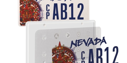 exploded view of 3M High Definition License Plate Sheeting with 3M Dynamic Security Script markings

