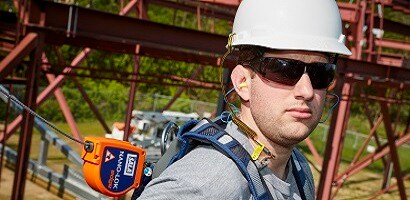 Fall protection trainer wearing safety gear

