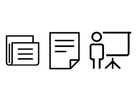 black icons of a PDF and a person presenting