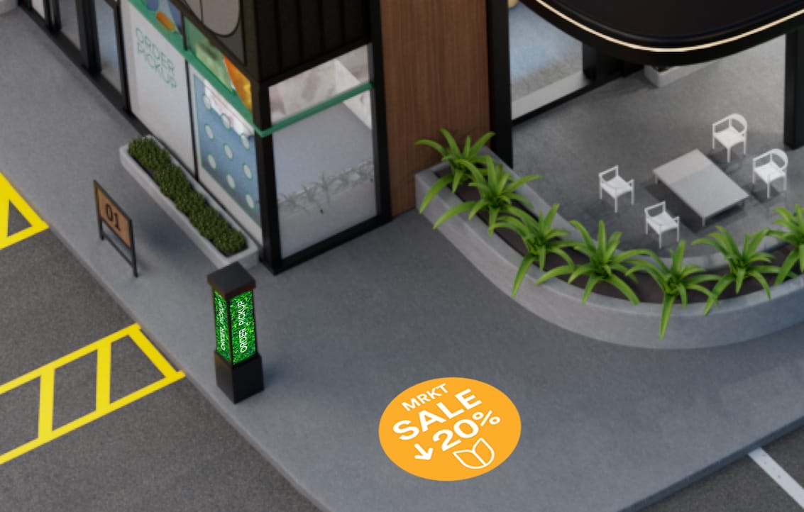 Interior market scene with vibrant graphic film
